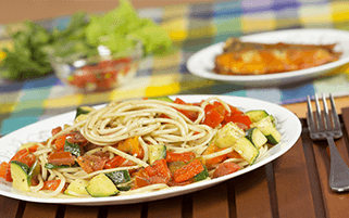 Spaghetti Doria con verduras asadas